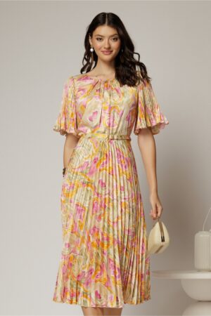 Rochie midi cu imprimeuri oranj din satin plisat si maneci scurte evazate