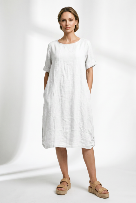 Rochie midi din in cu croiala lejera si prinderi laterale