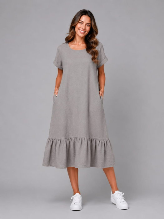 Rochie midi din in cu funda pe spate si volan amplu din batist
