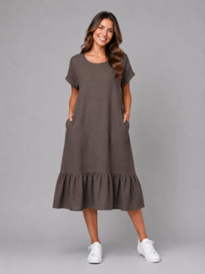 Rochie midi din in cu funda pe spate si volan amplu din batist