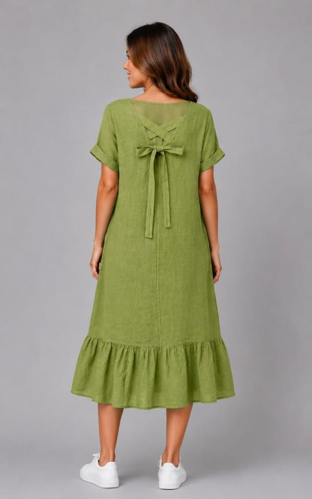 Rochie midi din in cu funda pe spate si volan amplu din batist