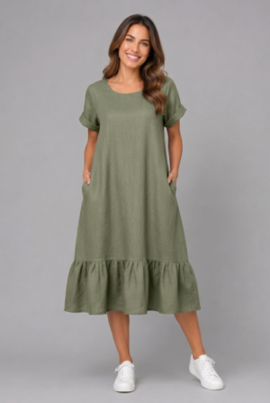 Rochie midi din in cu funda pe spate si volan amplu din batist