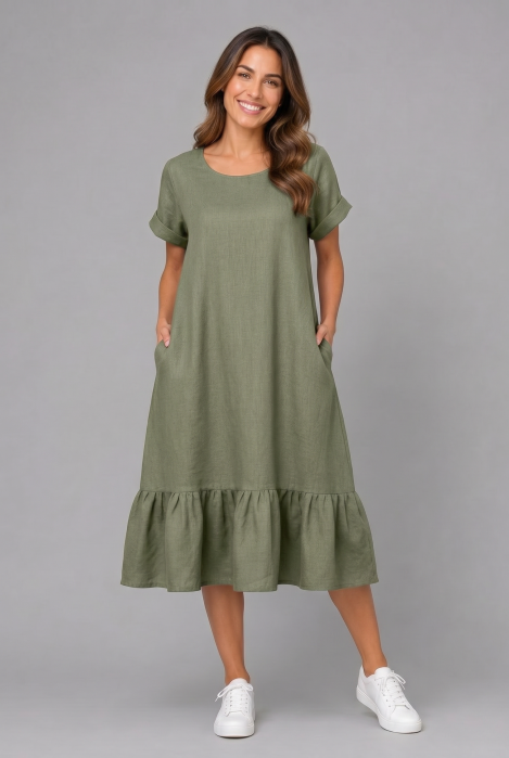Rochie midi din in cu funda pe spate si volan amplu din batist