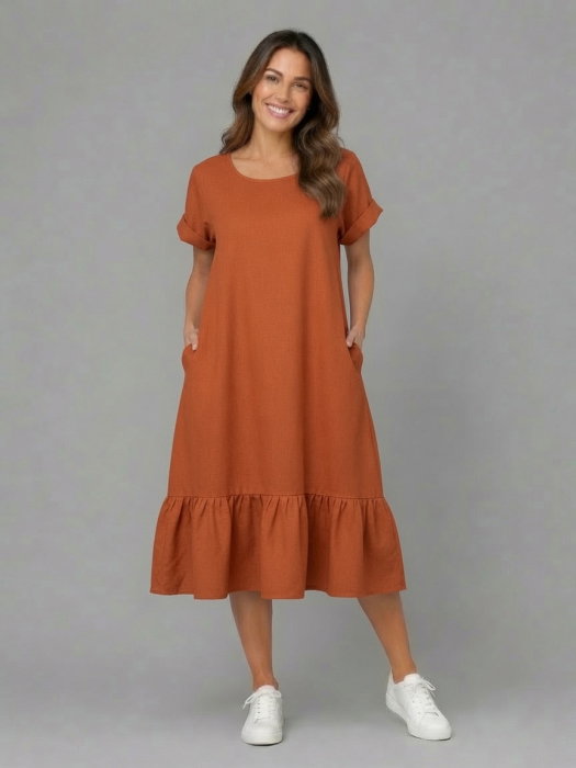 Rochie midi din in cu funda pe spate si volan amplu din batist