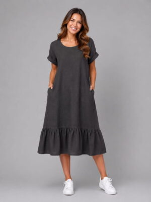 Rochie midi din in cu funda pe spate si volan amplu din batist