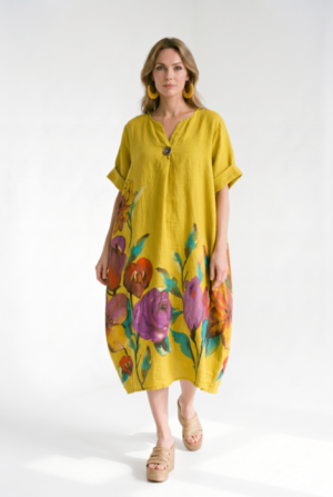 Rochie midi din in cu imprimeu floral colorat si croi balon