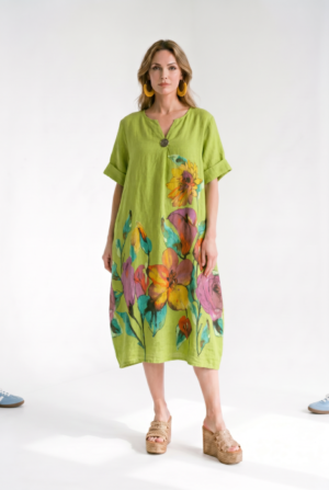 Rochie midi din in cu imprimeu floral colorat si croi balon