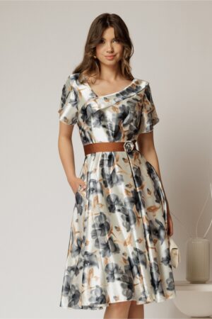 Rochie midi din satin cu imprimeuri gri si maro