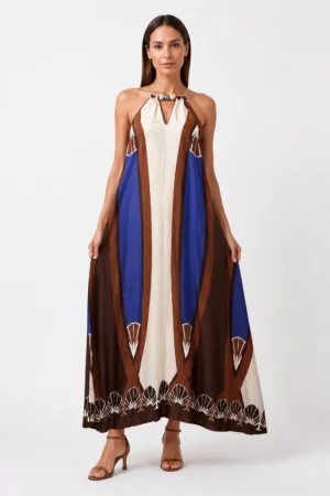 Rochie maxi din vascoza cu margele decorative la decolteu si imprimeu geometric