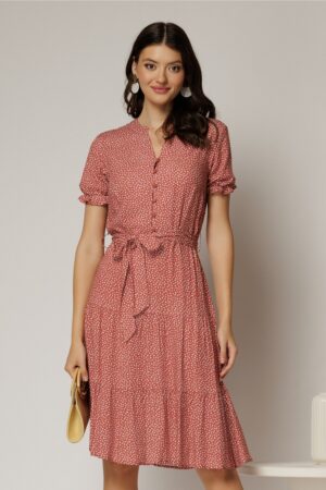 Rochie midi din viscoza caramizie cu imprimeu alb