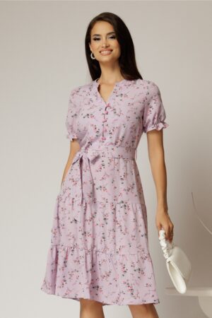 Rochie midi din viscoza lila cu imprimeuri de vara