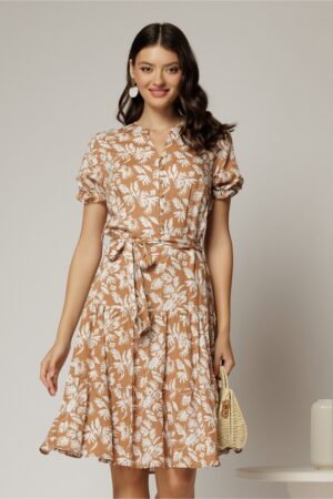 Rochie midi din viscoza maro cu imprimeu alb