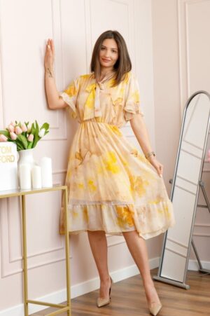 Rochie midi galbena Annalise cu imprimeu floral si funda la decolteu