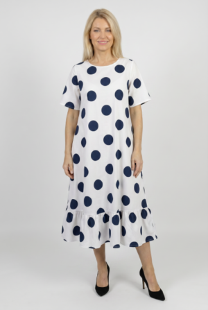 Rochie midi lejera cu volan si imprimeu buline alb-bleumarin