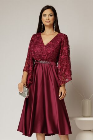 Rochie midi magenta de ocazie din satin si dantela