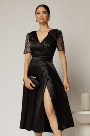 Rochie midi neagra de ocazie din tafta si paiete