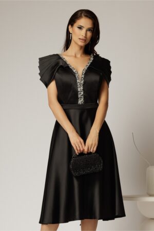 Rochie midi neagra din tafta cu aplicatii la decolteu si pliuri la maneci