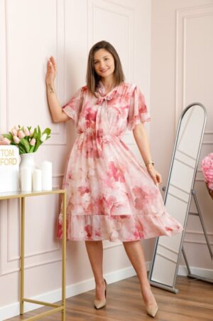 Rochie midi roz pastel Annalise cu imprimeu floral si funda la decolteu