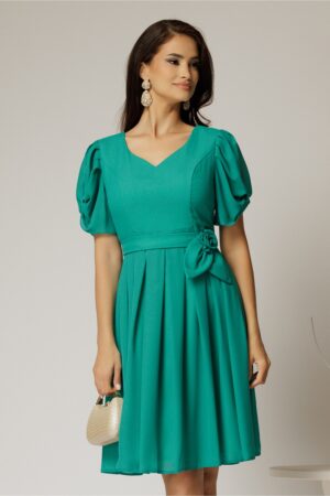 Rochie midi verde din voal sidefat si cordon detasabil