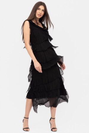 Rochie neagra din matase si vascoza cu  volane franjurate suprapuse