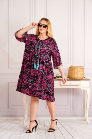 Rochie neagra midi boho chic cu imprimeuri florale ciclam