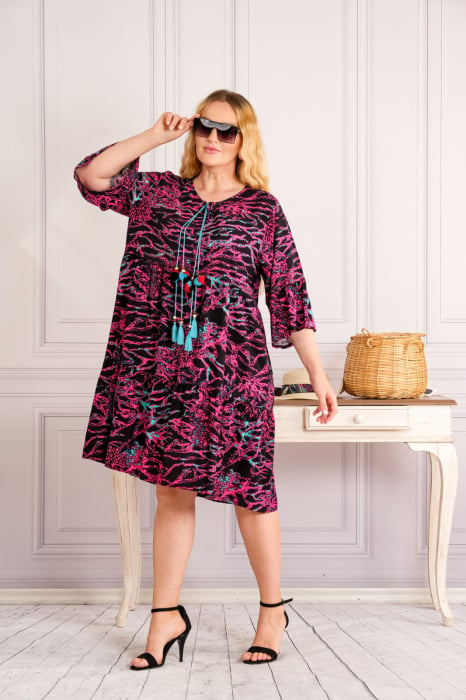 Rochie neagra midi boho chic cu imprimeuri florale ciclam