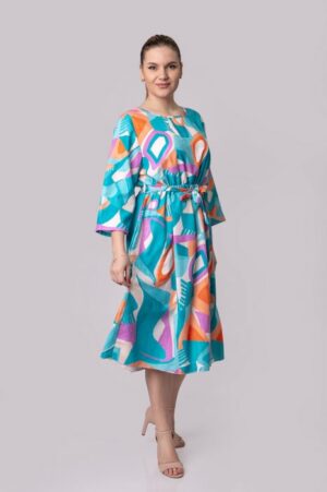 Rochie office albastra cu imprimeuri geometrice orange si cordon in talie