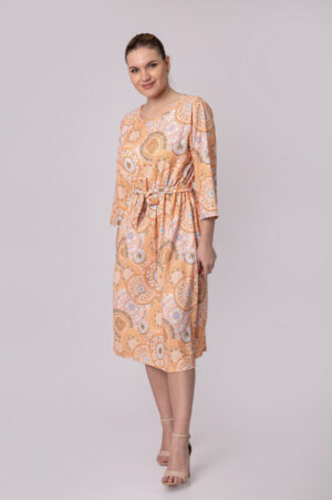 Rochie office cu imprimeuri mandala crem si cordon in talie