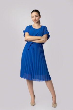Rochie plisata albastru regal cu cordon in talie
