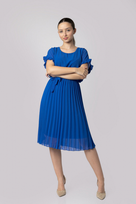 Rochie plisata albastru regal cu cordon in talie
