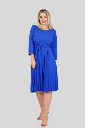 Rochie plisata albastru regal cu maneci trei sferturi si cordon in talie