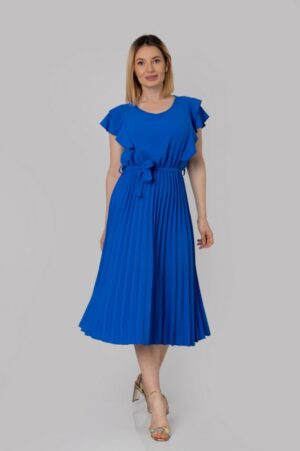 Rochie plisata albastru regal cu volane pe maneci