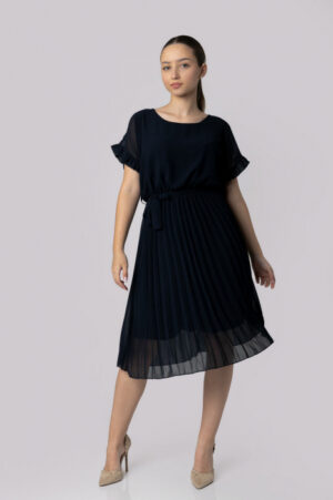Rochie plisata bleumarin cu cordon in talie