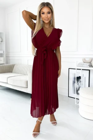 rochie-plisata-burgundy-cu-volane-decolteu-petrecut-si-cordon