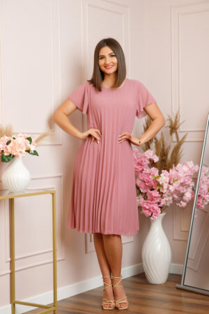 Rochie plisata Elisa cu maneci fluture - Roz pudrat
