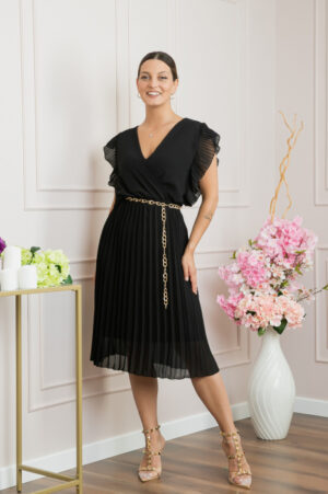 Rochie plisata neagra cu volane si lantisor decorativ in talie