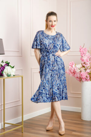 Rochie plisata satinata albastra cu imprimeuri mandala