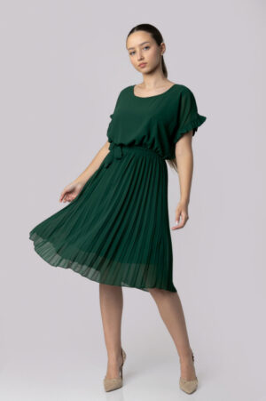 Rochie plisata verde cu cordon in talie