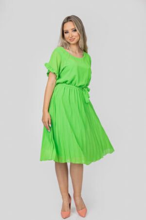 Rochie plisata verde praz cu cordon in talie