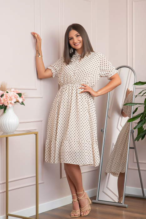 Rochie retro ivoire Brenda cu buline si maneci bufante