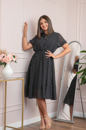 Rochie retro neagra Brenda cu buline si maneci bufante