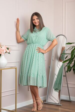 Rochie retro turcoaz Brenda cu buline si maneci bufante
