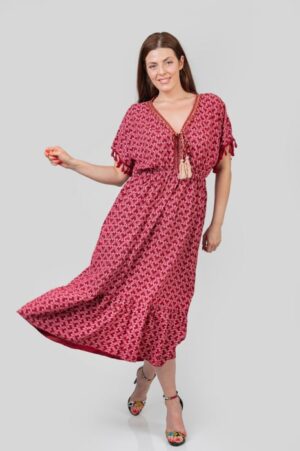 Rochie rosie cu ciucuri si model mandala