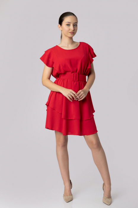 Rochie rosie cu volane si centura in talie