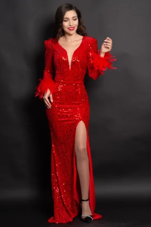 Rochie rosie de seara tip sirena Serafina cu paiete si fulgi