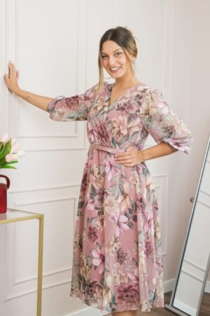 Rochie roz pudrat din voal cu imprimeu floral si curea ajustabila