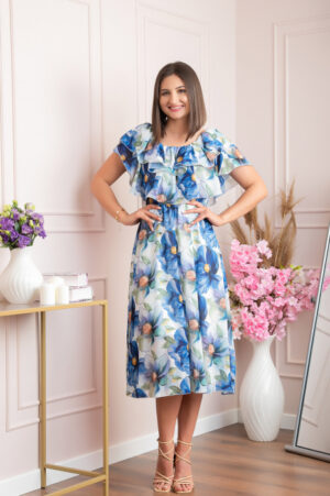 Rochie Sarah eleganta din voal cu volane si imprimeuri florale - Albastru