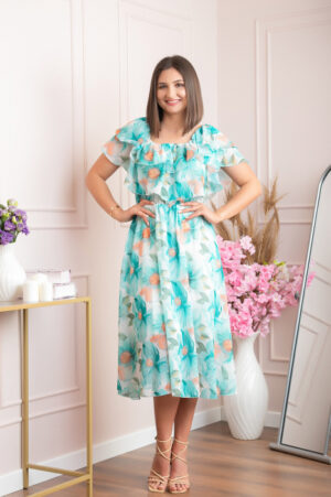 Rochie Sarah eleganta din voal cu volane si imprimeuri florale - Turcoaz deschis
