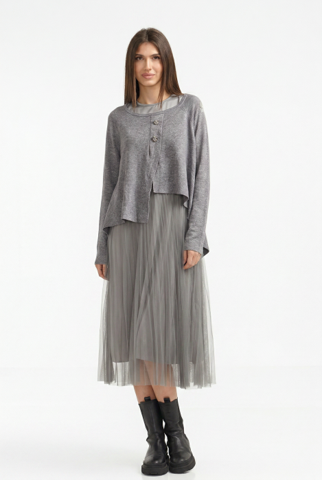 Rochie suprapusa din tulle cu puloveras cu nasturi metalici gri