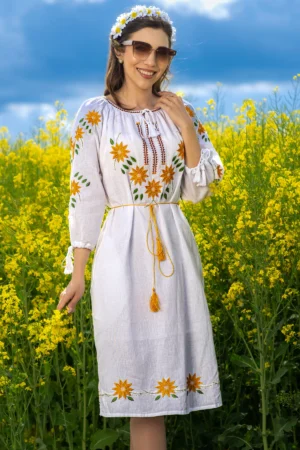Rochie traditionala alba Alessia din bumbac cu broderie florala